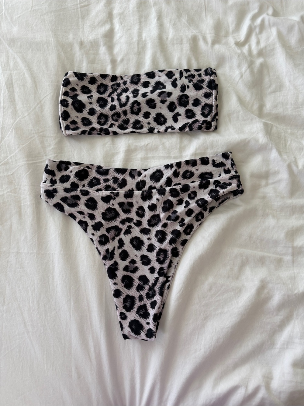 Leopard Print Bandeau Bikini Set - Black & Cream